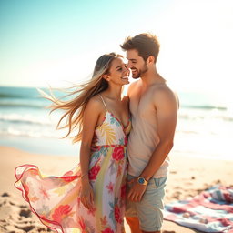 A romantic scene depicted in a soft, dreamlike manner showing a young couple in a tender moment on a sunny beach