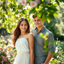 A romantic and intimate moment between a young couple in a beautiful outdoor setting