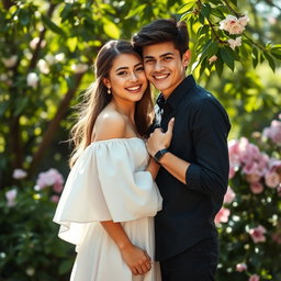 A romantic and intimate moment between a young couple in a beautiful outdoor setting