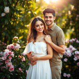 A romantic and intimate moment between a young couple in a beautiful outdoor setting
