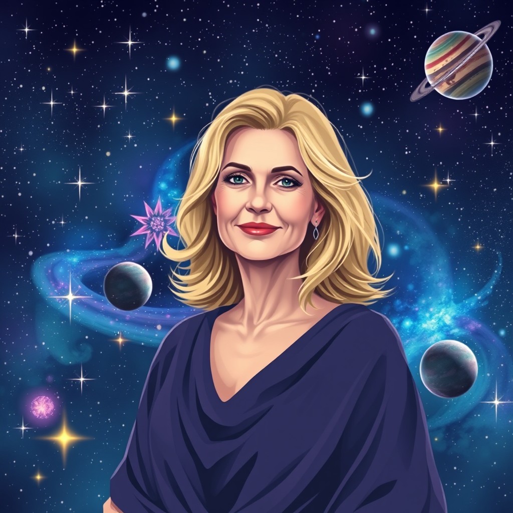 A beautifully designed digital art piece featuring a starry night sky filled with countless twinkling stars and vibrant nebulas, accompanied by a stunning blonde woman with medium-length hair, appearing graceful and wise in her 60s