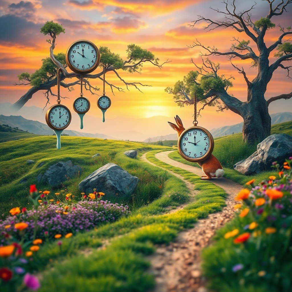 A surreal and dreamlike landscape featuring a vibrant, twisting road that appears to steal time itself, surrounded by lush greenery and vibrant wildflowers