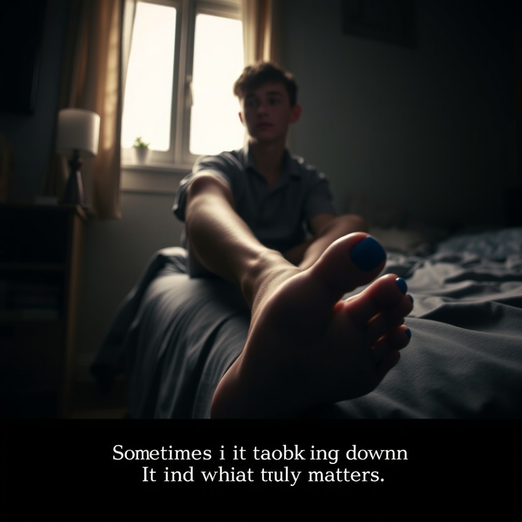 In a melancholic, dimly lit room, a brooding teenage boy named Daniel Sims is sitting on the edge of his bed, looking contemplative and lost in thought
