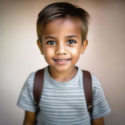 A portrait of a young boy, showing off his innocent charm and playful demeanor.