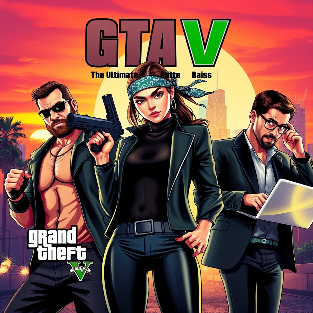 An action movie poster inspired by the video game Grand Theft Auto V, featuring three main characters in dynamic poses: a muscular man with a beard, wearing a leather jacket and sunglasses, holding a gun; a tough woman with a bandana, in a sleek black outfit, ready to fight; and a clever-looking man with a stylish outfit, using a laptop