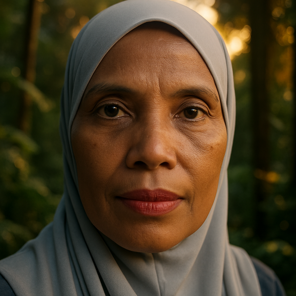 A professional cinematic portrait of the person in the uploaded image, standing in a lush tropical rainforest at sunset, soft golden hour lighting, 8k resolution, highly detailed skin texture, shot on 35mm lens, blurred background (bokeh)