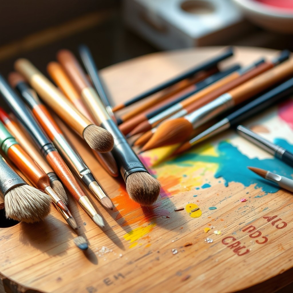 A variety of artistic brushes including paintbrushes, makeup brushes, and calligraphy brushes displayed elegantly on a wooden artist's palette