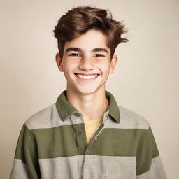 A portrait of a 15-year-old boy, displaying a youthful and spirited demeanor. He is casually dressed, standing against a neutral background with an earnest smile.