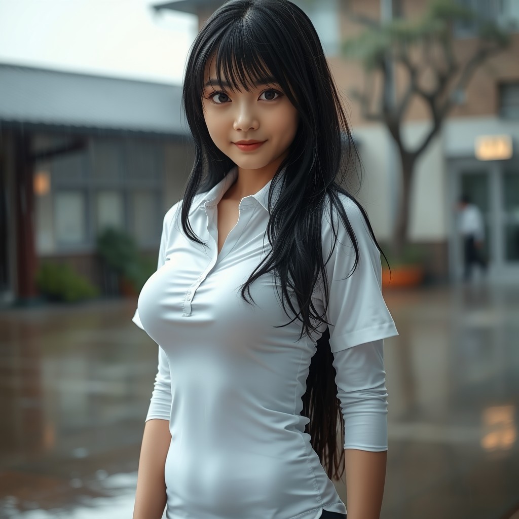 A Japanese schoolgirl standing confidently, wearing a tight, wet white shirt that clings to her figure, revealing subtle outlines of her silhouette