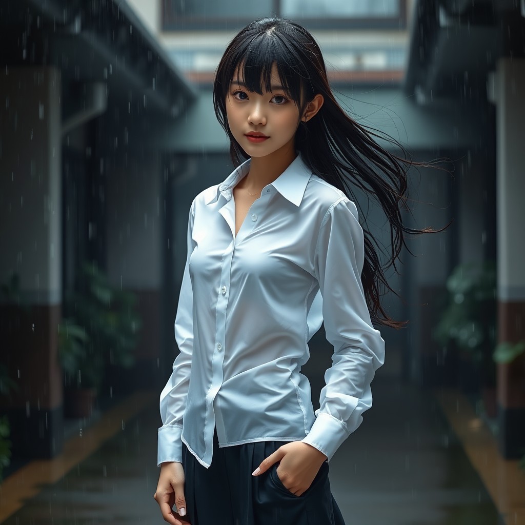 An ultra-thin Japanese schoolgirl standing confidently, wearing a tight, wet white shirt that is 90% transparent, revealing subtle contours and details of her frame while maintaining an air of elegance
