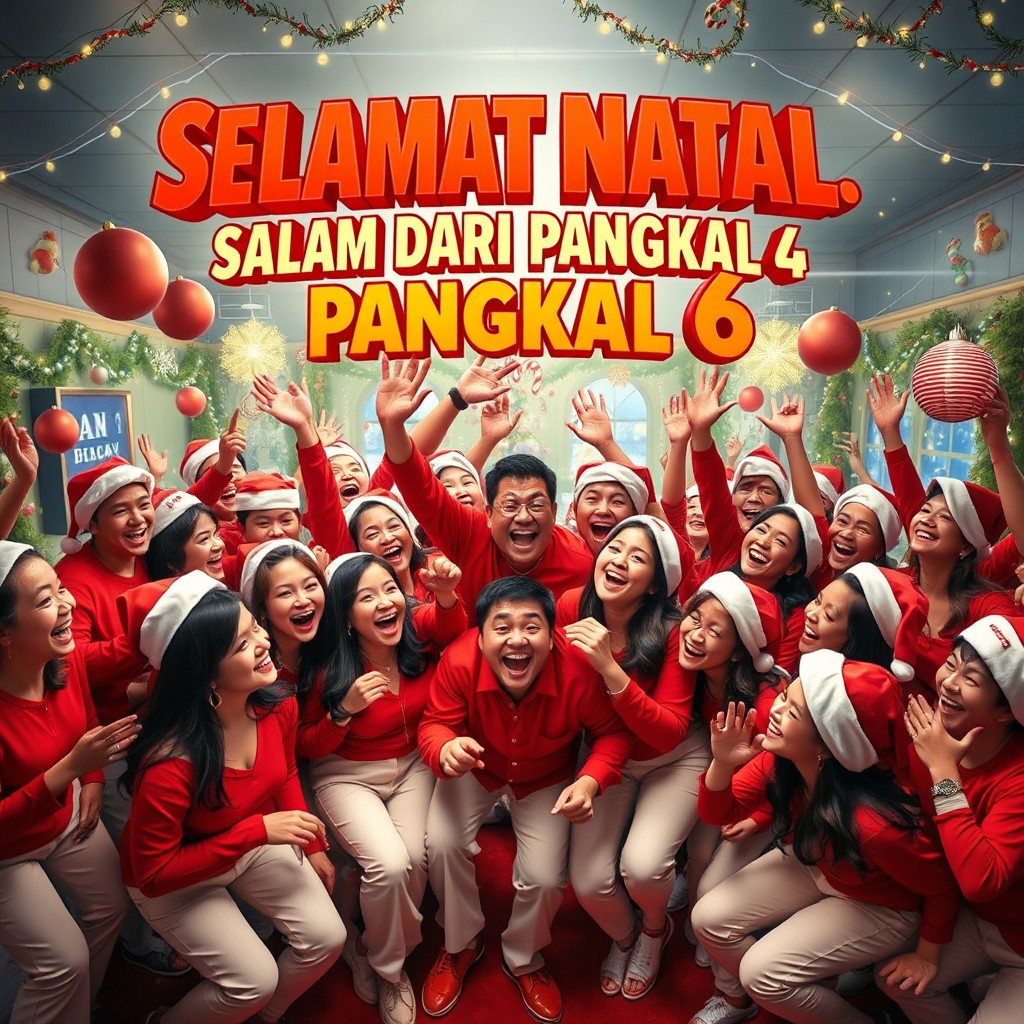 A vibrant movie poster depicting a joyful Christmas celebration with a large group of people happily celebrating together