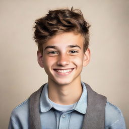 A portrait of a 15-year-old boy, displaying a youthful and spirited demeanor. He is casually dressed, standing against a neutral background with an earnest smile.