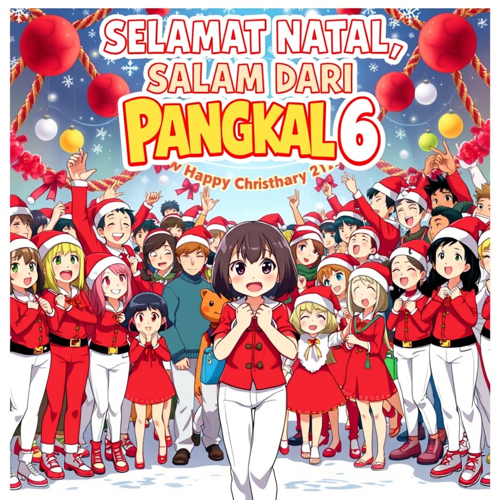 An anime-style movie poster showcasing a lively Christmas celebration with a large group of diverse characters joyfully celebrating together