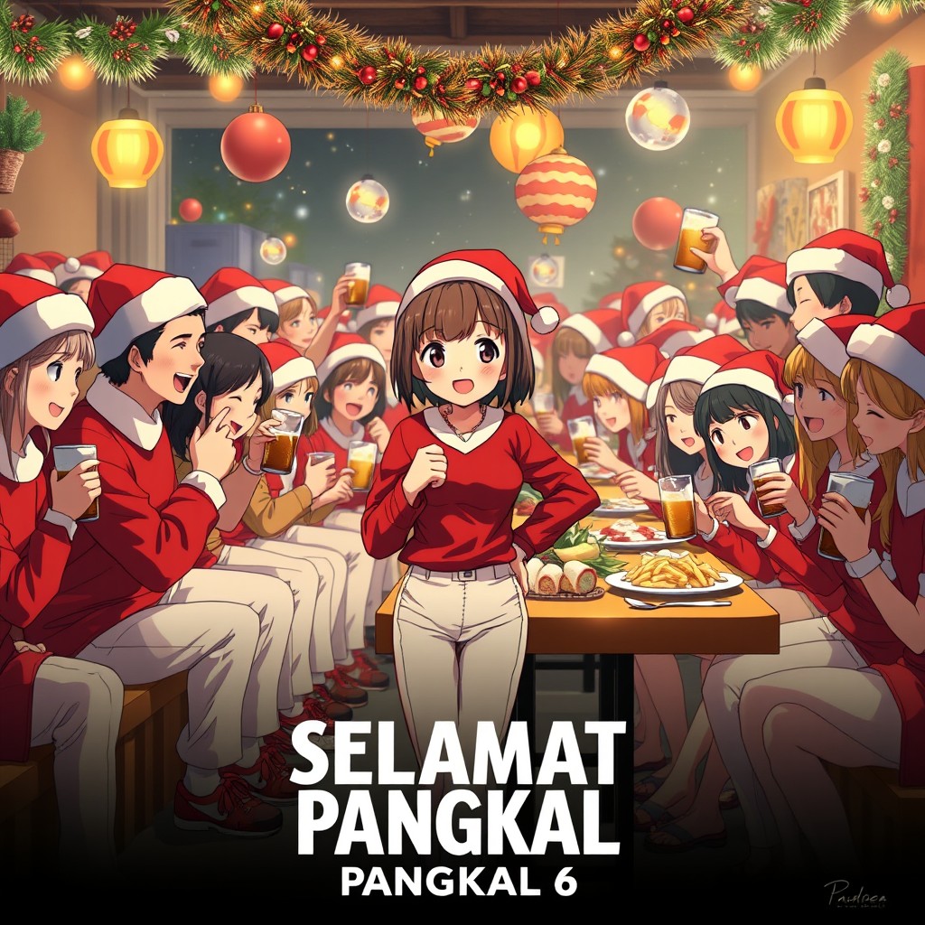 An anime-style movie poster for adults, depicting a festive Christmas celebration with a large group of people