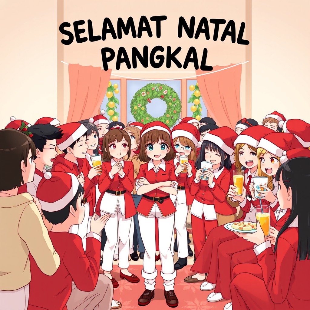 An anime-style illustration depicting a joyful Christmas gathering with many people celebrating together