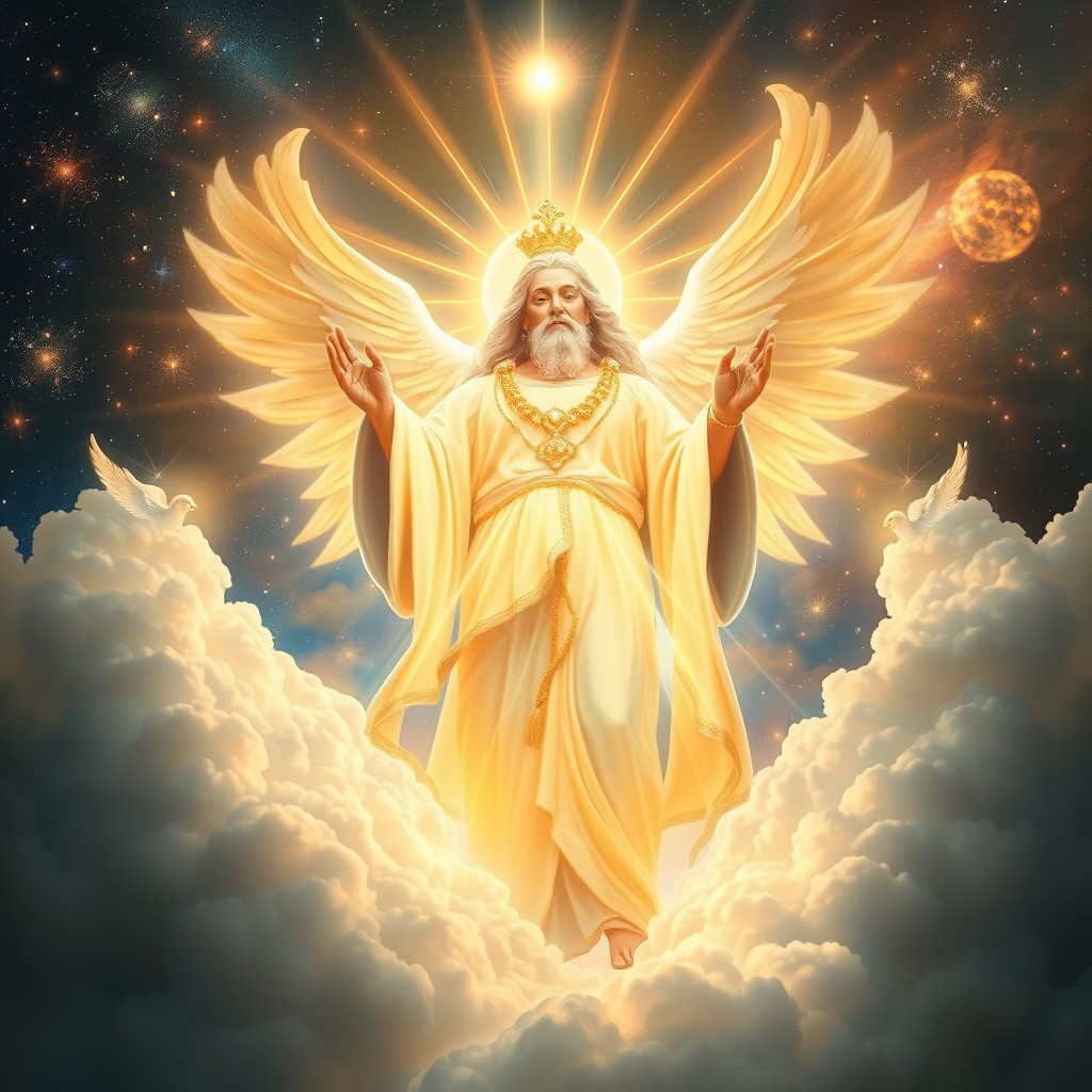 A stunning and majestic portrayal of a divine figure, symbolizing God, radiating immense light and energy