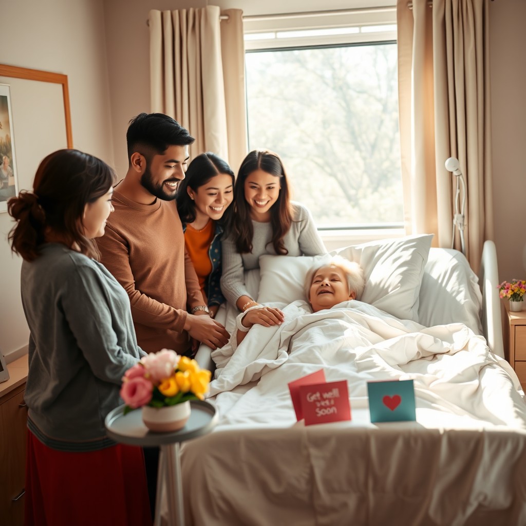 A warm and heartfelt scene in a hospital room, featuring a loving family gathered around a patient in a hospital bed