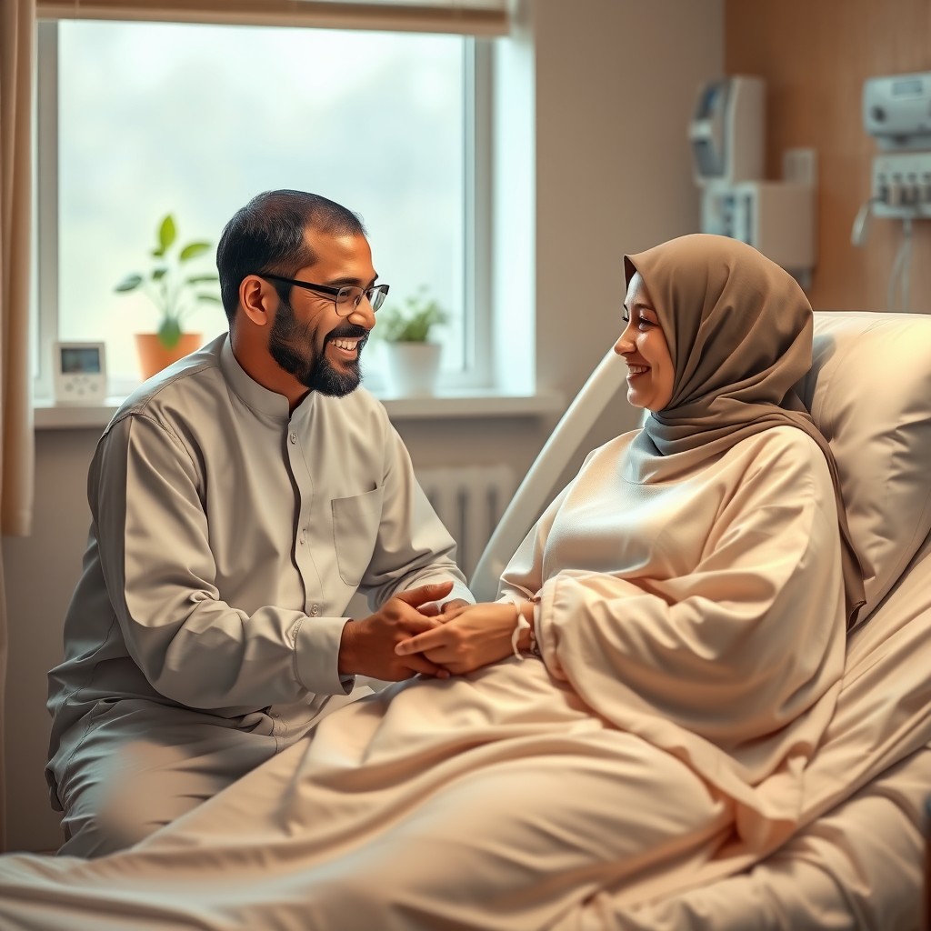 A heartfelt scene inside a hospital room depicting a Muslim patient in a hospital bed wearing a hospital gown, looking hopeful and accepting