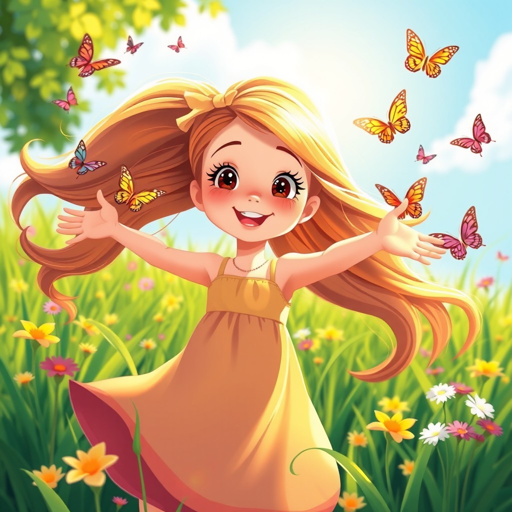 A beautiful cartoon girl with long flowing hair, wearing a bright summer dress, captured in a playful moment as she joyfully tries to catch colorful butterflies in a lush green meadow
