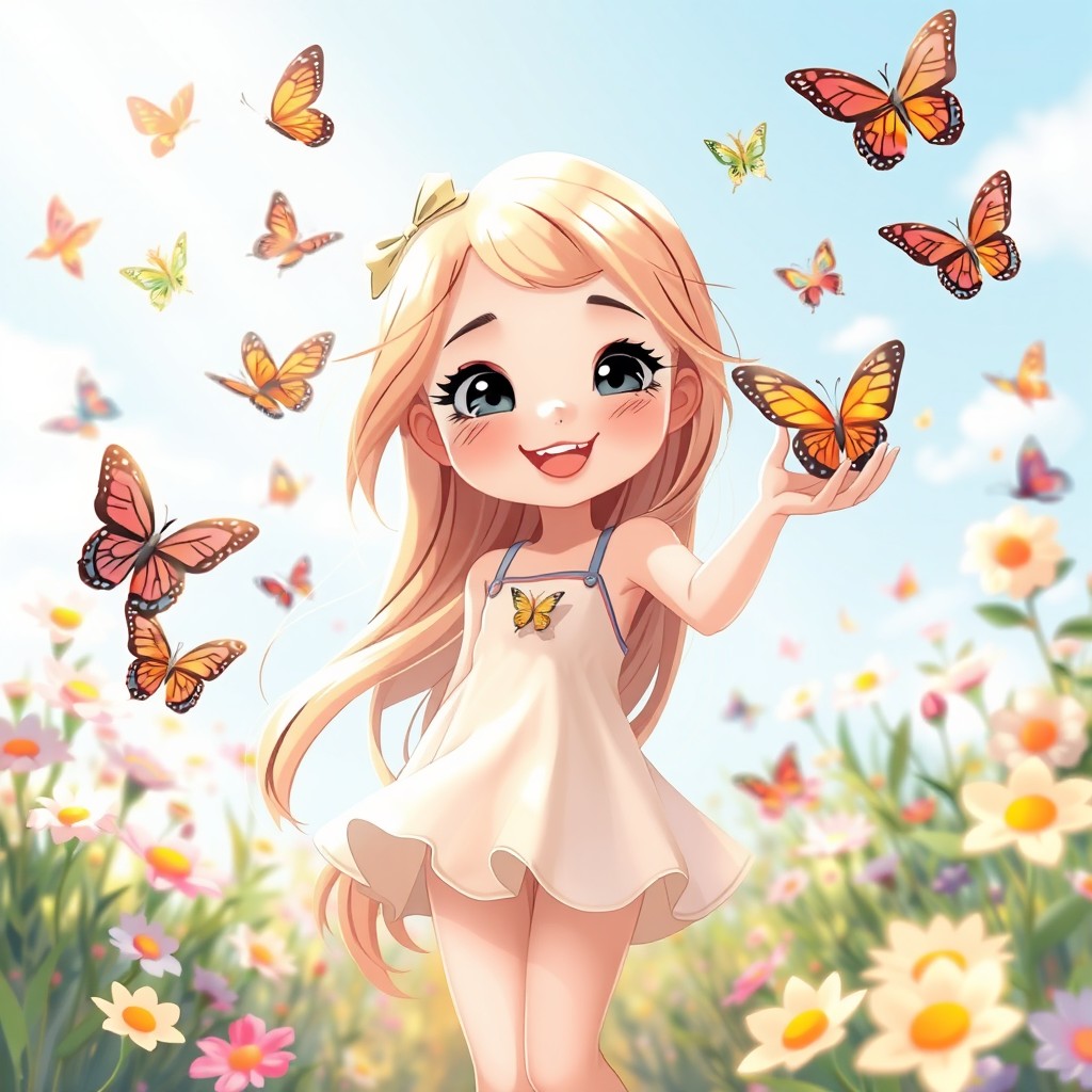A beautiful cartoon girl with long, shimmering hair, dressed in a cheerful summer outfit, happily catching butterflies in a sunlit garden