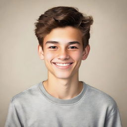 A portrait of a 15-year-old boy, displaying a youthful and spirited demeanor. He is casually dressed, standing against a neutral background with an earnest smile.