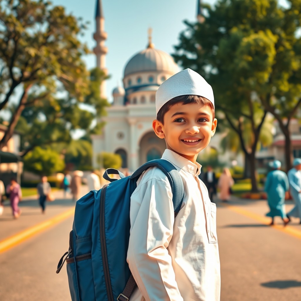 A young Muslim boy wearing traditional attire, including a white kurta and a cap, carrying a school bag as he walks towards a mosque