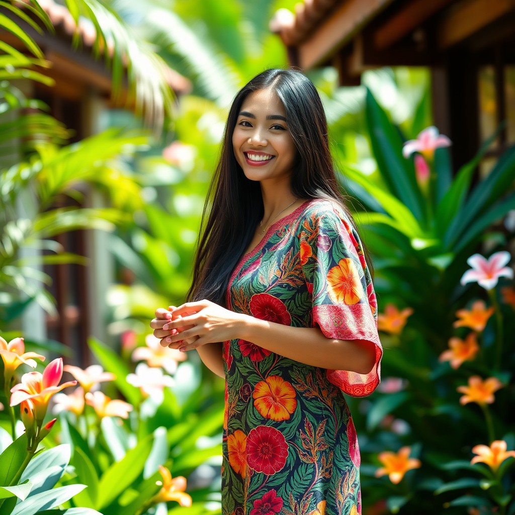 A stunning 30-year-old Indonesian woman with luxurious long black hair and warm brown skin, standing in a vibrant, sunlit tropical environment filled with lush greenery