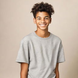 A portrait of a 15-year-old boy, displaying a youthful and spirited demeanor. He is casually dressed, standing against a neutral background with an earnest smile.