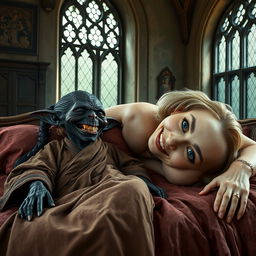 A small, sinister elderly female goblin, very tiny with black skin and a malnourished body, is lying down and smiling with rotten teeth