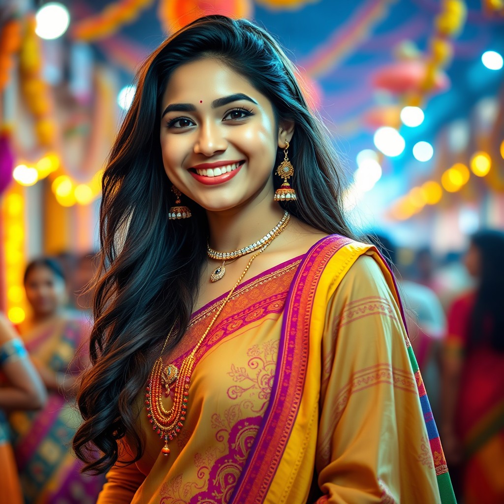 A beautiful young woman with a radiant smile and a full figure, wearing a colorful traditional Indian outfit, showcasing intricate patterns and details in the fabric