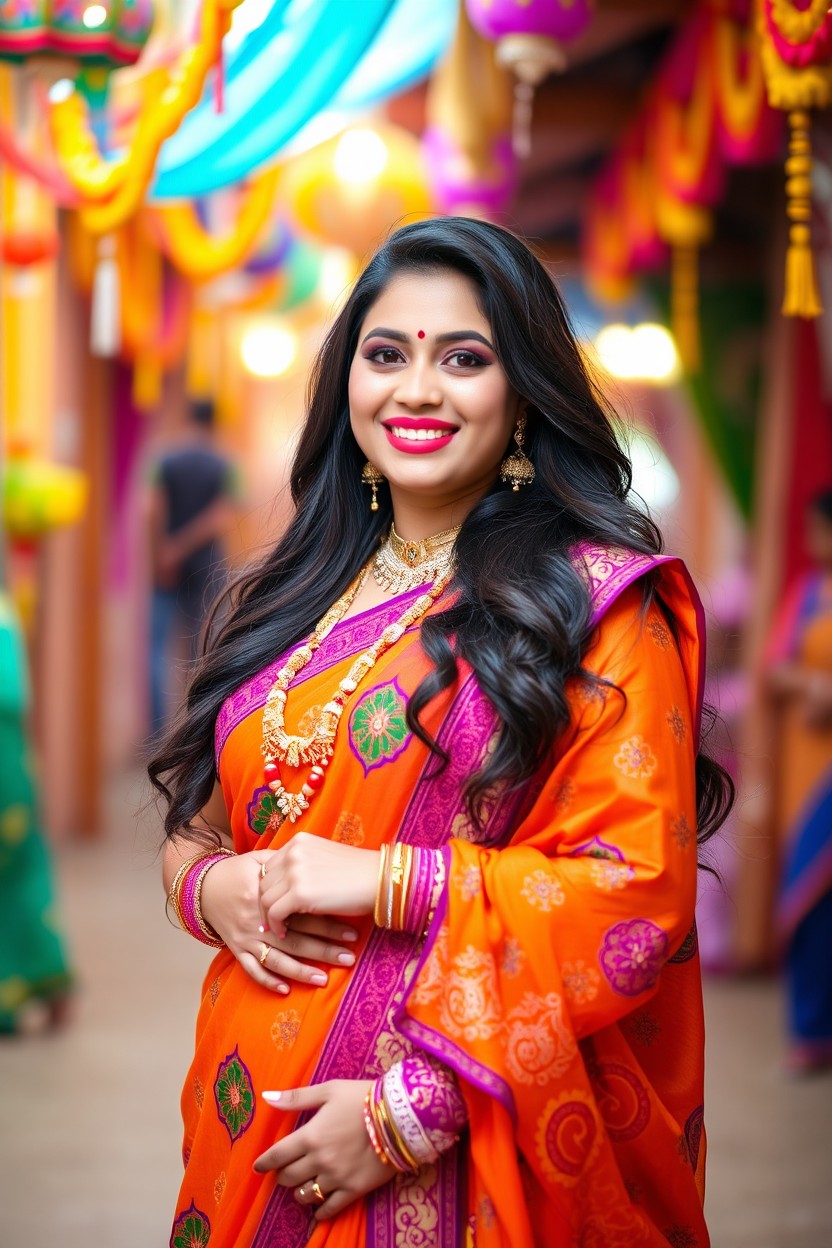 A stunning young woman with a charismatic smile, possessing a full and curvy figure, dressed in a vibrant and intricately detailed traditional Indian outfit