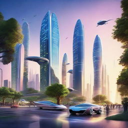 A futuristic cityscape glowing under a twilight sky, with flying cars, towering skyscrapers with greenery, and people in modern, clean energy suits.