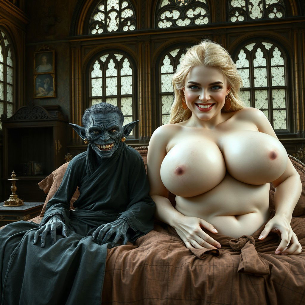 In a grand medieval bedroom, complete with ancient windows, two striking figures are depicted lying on a lavish, oversized bed