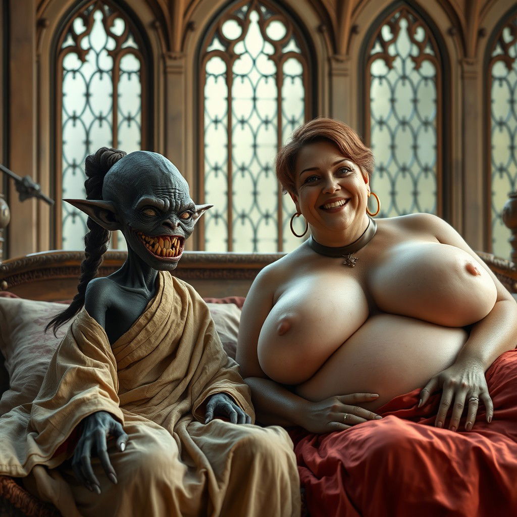 A small, malevolent female goblin, aged 40, with ultra-black skin and a malnourished body, smiling revealing her rotten teeth, dressed in a full-length closed Buddhist robe