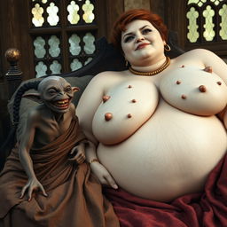 A tiny, malicious elderly female goblin with extremely dark skin, standing at a diminutive height, with a malnourished body and a wide smile showing her rotten teeth