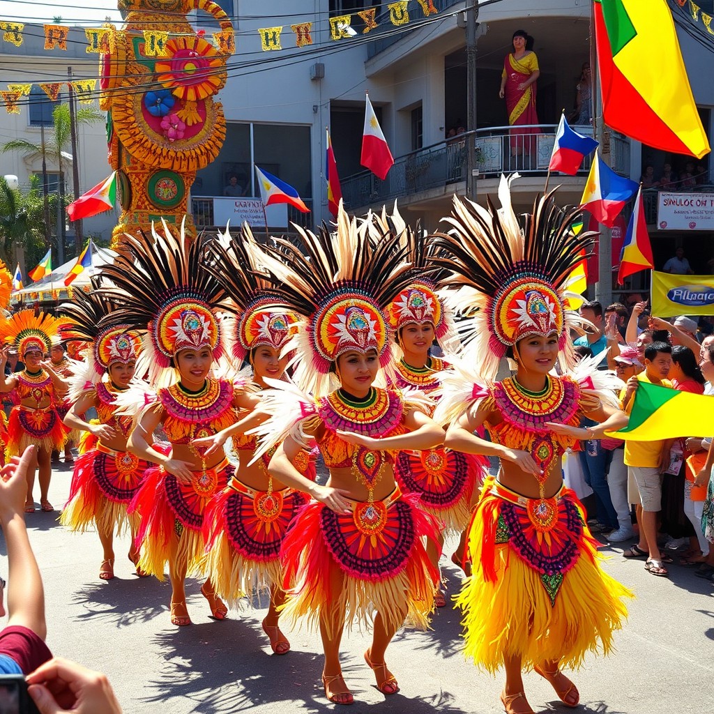 A vibrant and colorful Sinulog festival scene showcasing a street parade filled with dancers dressed in traditional and elaborate costumes, adorned with feathers and beads, performing energetic dance moves