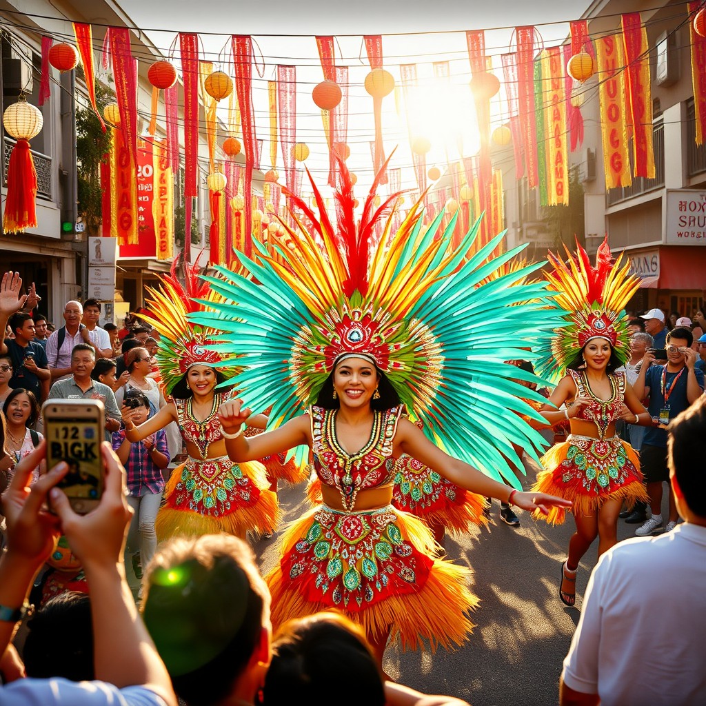 A dynamic and colorful Sinulog festival celebration filled with joyful dancers wearing elaborate traditional costumes, featuring intricate beadwork and vibrant feathers
