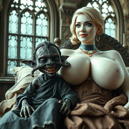 A medieval scene featuring a tiny female goblin with a malnourished, dark black skin and an emaciated body, smiling broadly with rotten teeth