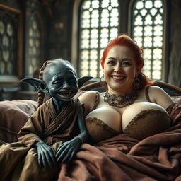 A medieval scene featuring a tiny female goblin, very small with dark black skin and an emaciated body, smiling widely with rotten teeth