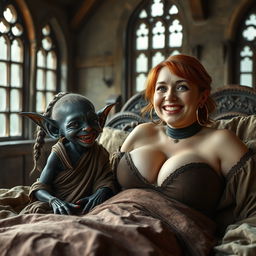 A medieval scene featuring a tiny female goblin, very small with dark black skin and an emaciated body, smiling widely with rotten teeth