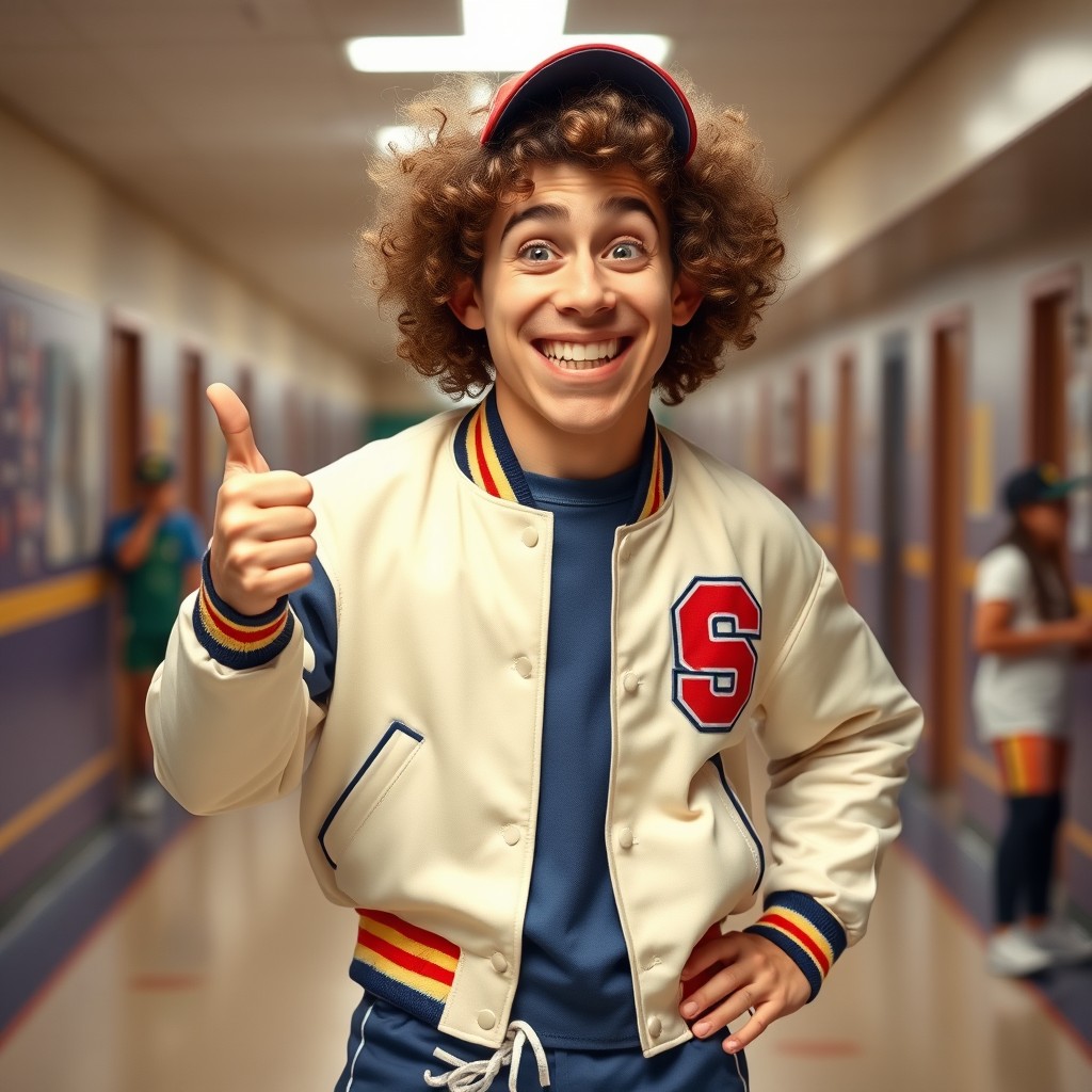 A goofy-looking American jock with curly hair, dressed in a classic high school sports uniform