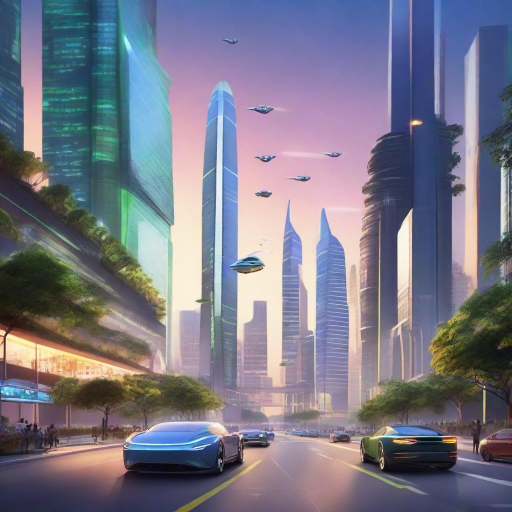 A futuristic cityscape glowing under a twilight sky, with flying cars, towering skyscrapers with greenery, and people in modern, clean energy suits.