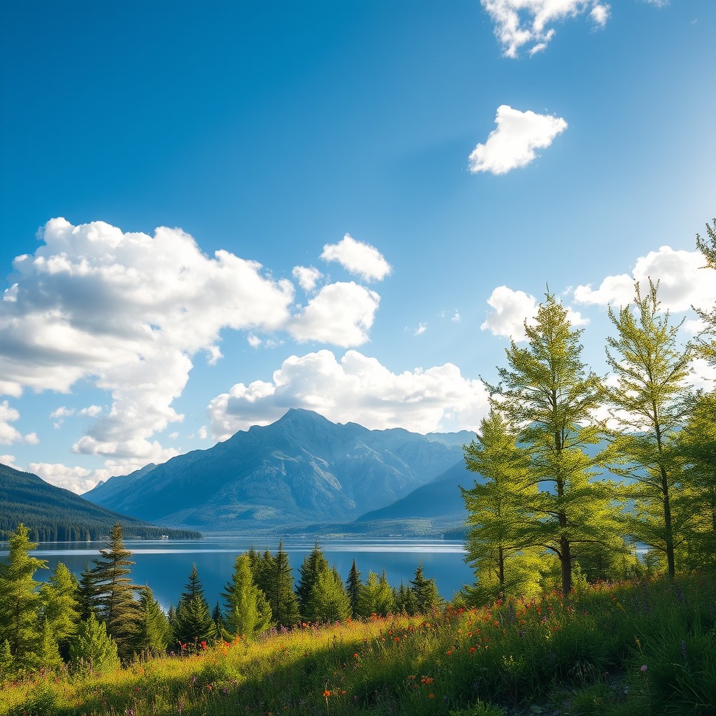 A stunning landscape view featuring a majestic mountain range under a bright blue sky with fluffy white clouds