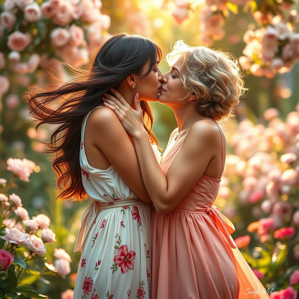 A beautifully intimate scene depicting two women sharing a passionate kiss in a romantic setting