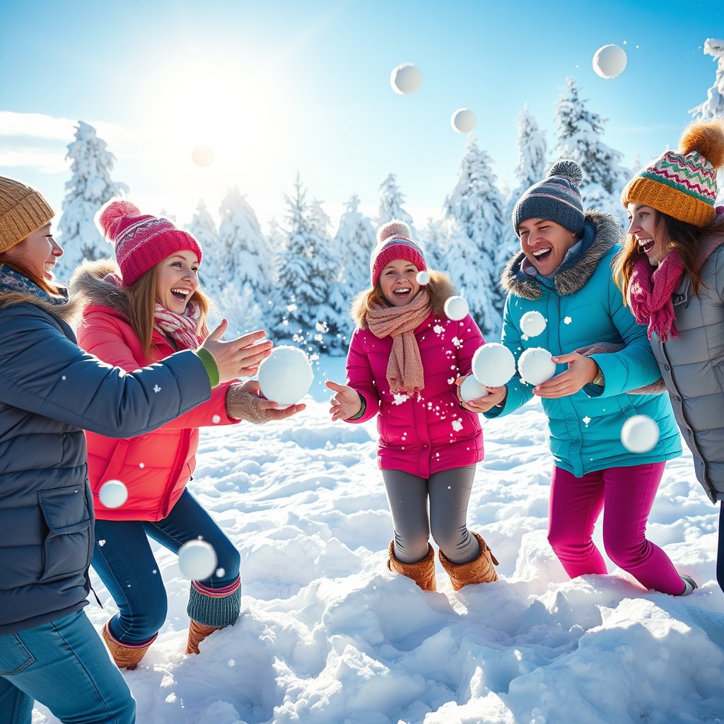 A lively winter scene depicting a snowball fight among a group of cheerful friends