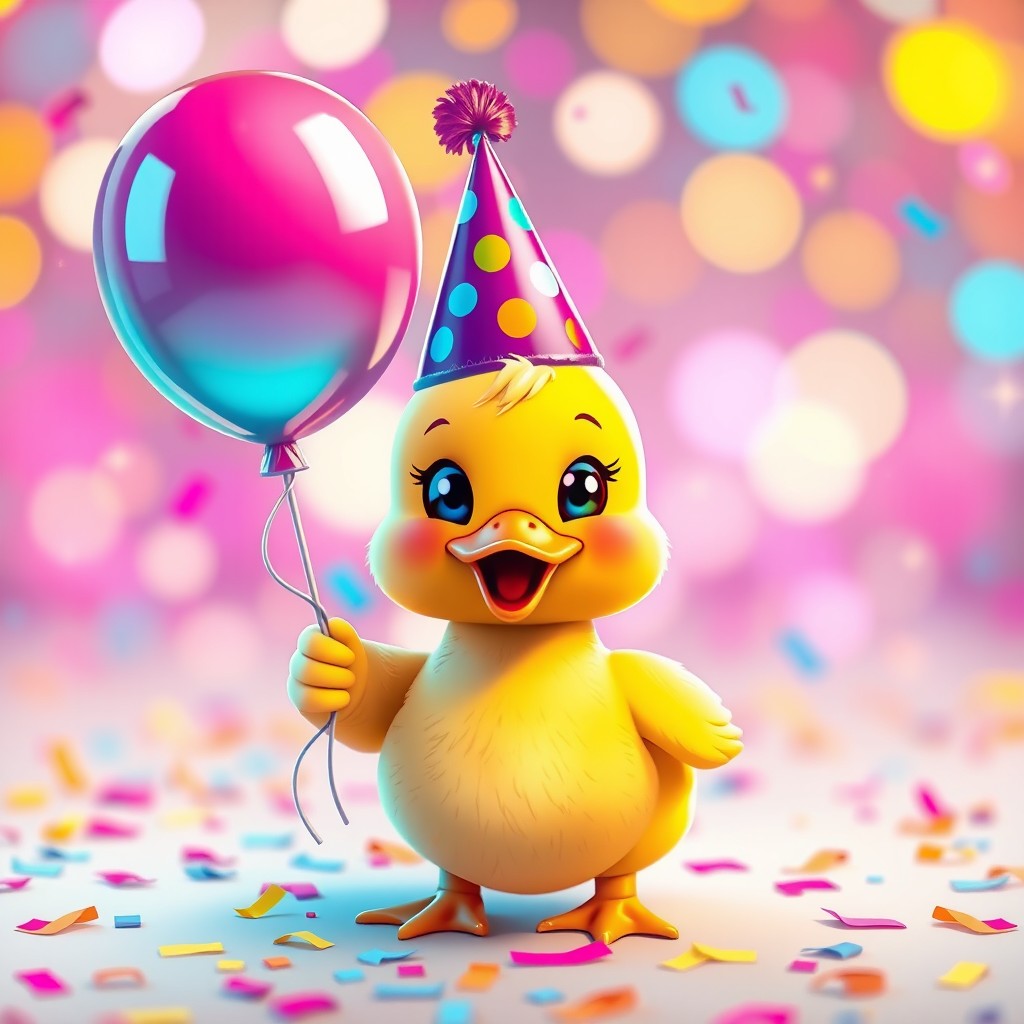 A cute, small cartoon duck wearing a party hat and holding a colorful birthday balloon