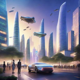 A futuristic cityscape glowing under a twilight sky, with flying cars, towering skyscrapers with greenery, and people in modern, clean energy suits.