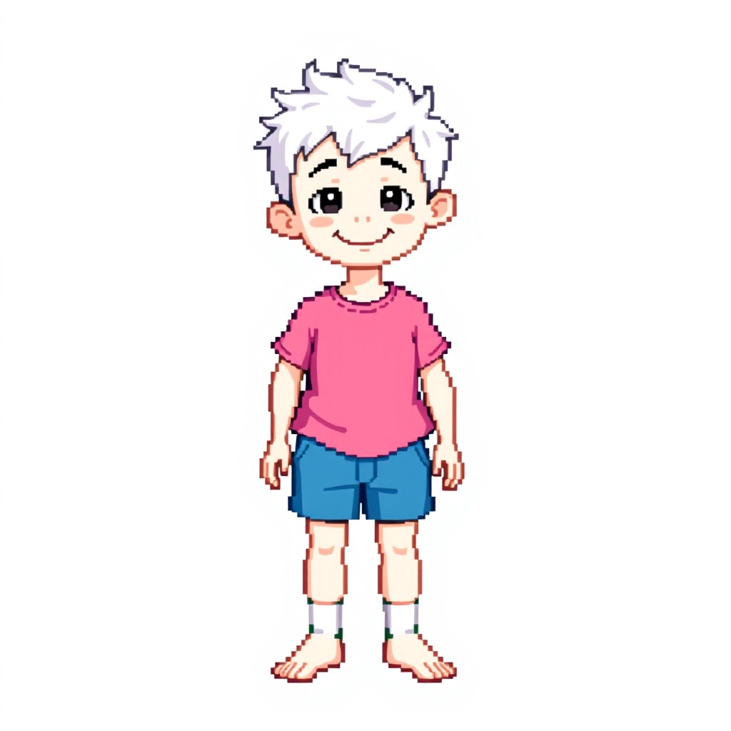 A pixel art depiction of a boy with white skin, wearing a pink t-shirt and blue shorts