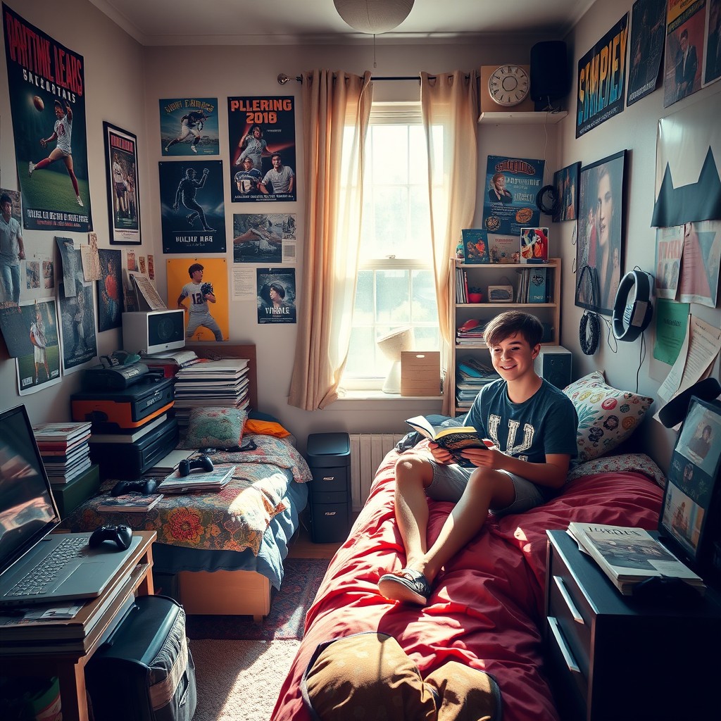 A cozy teenage boy's bedroom scene, filled with youthful decor and personal items