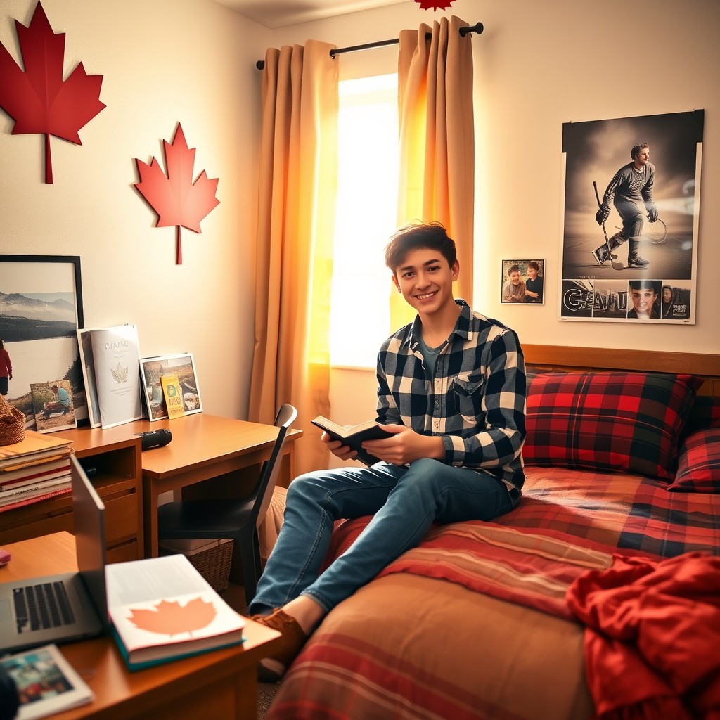 A cozy Canadian teenage boy's bedroom scene, showcasing elements of Canadian culture